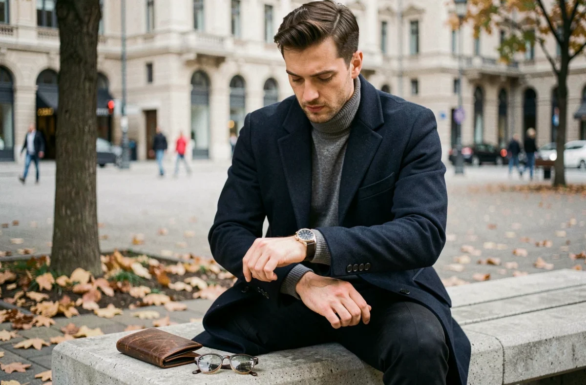 Homme élégant en manteau marine examinant sa montre automatique sur un banc urbain en automne avec des accessoires posés à côté