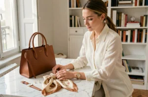 Femme arrangeant des accessoires de mode élégants sur une coiffeuse en marbre blanc dans un appartement parisien
