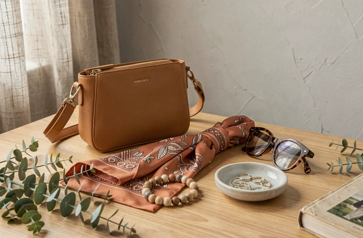 Composition élégante d'accessoires de mode du quotidien sur une surface en bois clair dans un intérieur scandinave minimaliste