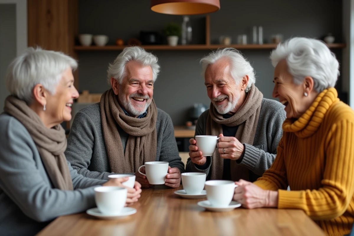 Groupe d amis partageant un thé dans une cuisine chaleureuse