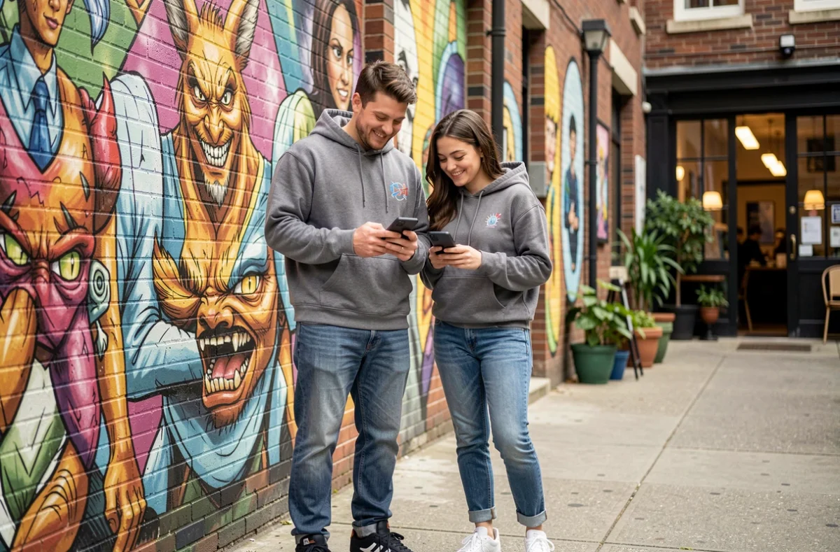 Deux amis regardant une liste de Pokémon sur smartphone devant une fresque murale urbaine colorée