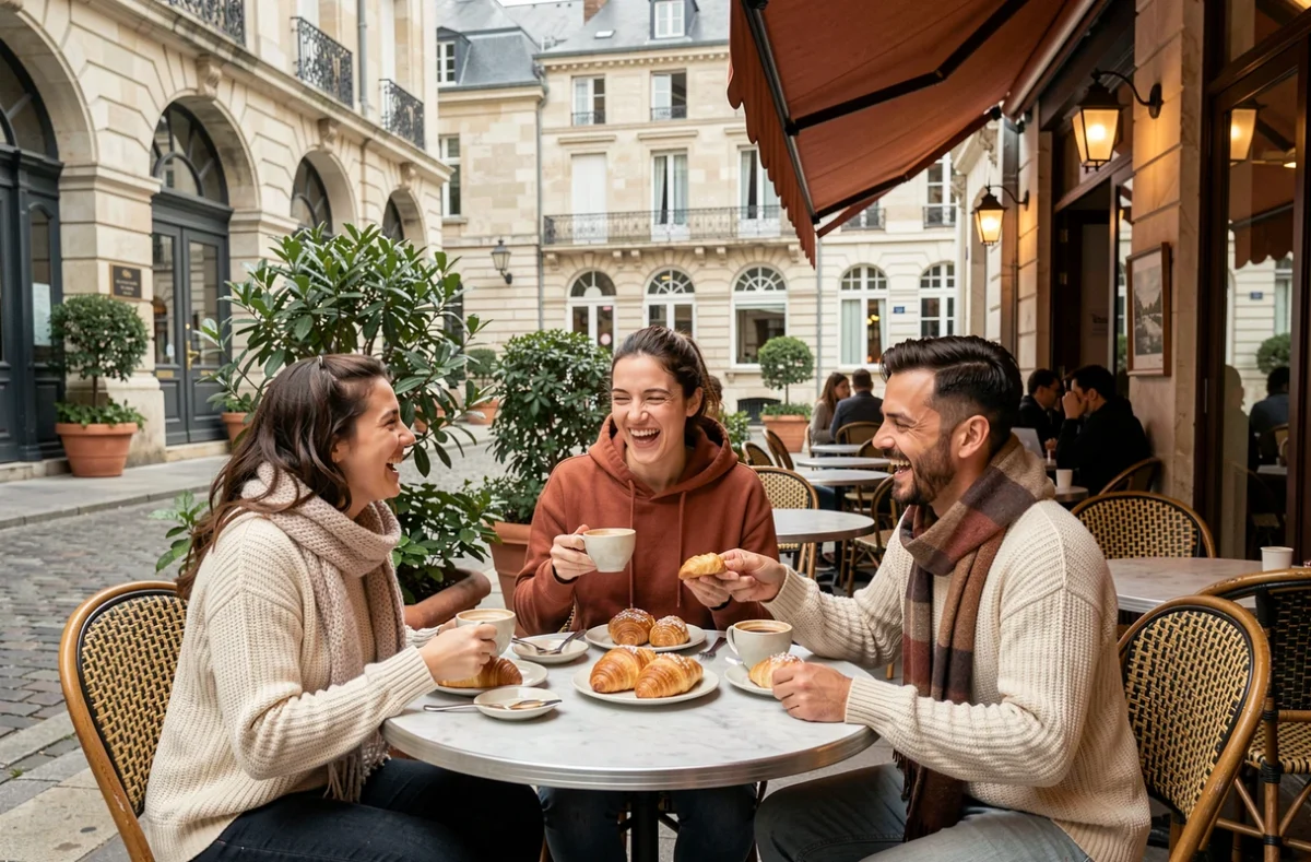 Groupe d'amis attablés en terrasse de café à Nantes savourant des spécialités locales