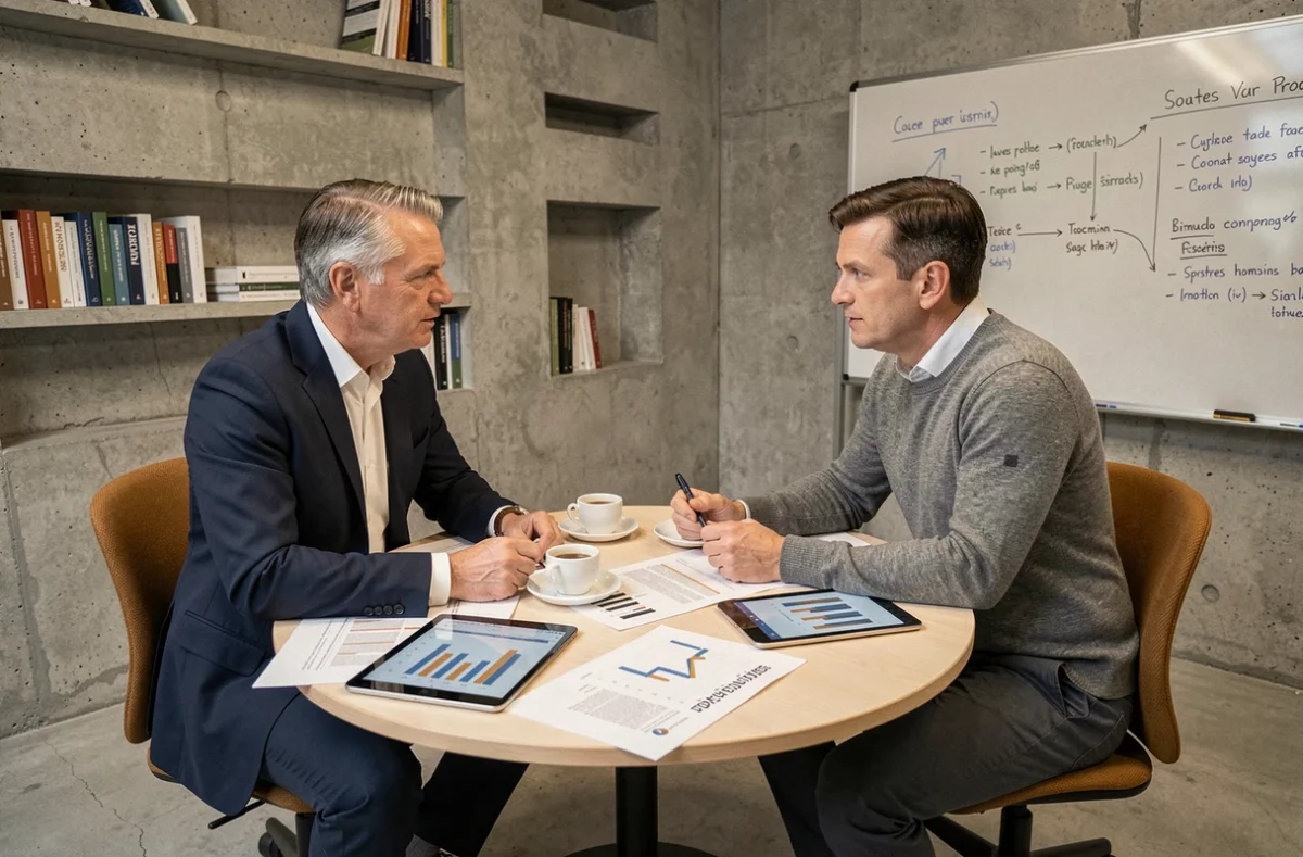 Deux associés discutant de stratégies d'investissement business autour d'une table dans un espace de coworking professionnel