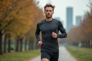 Athlète masculin en tenue de running moderne qui court sur un sentier urbain entouré de feuillages d'automne, illustrant les tendances sportives actuelles