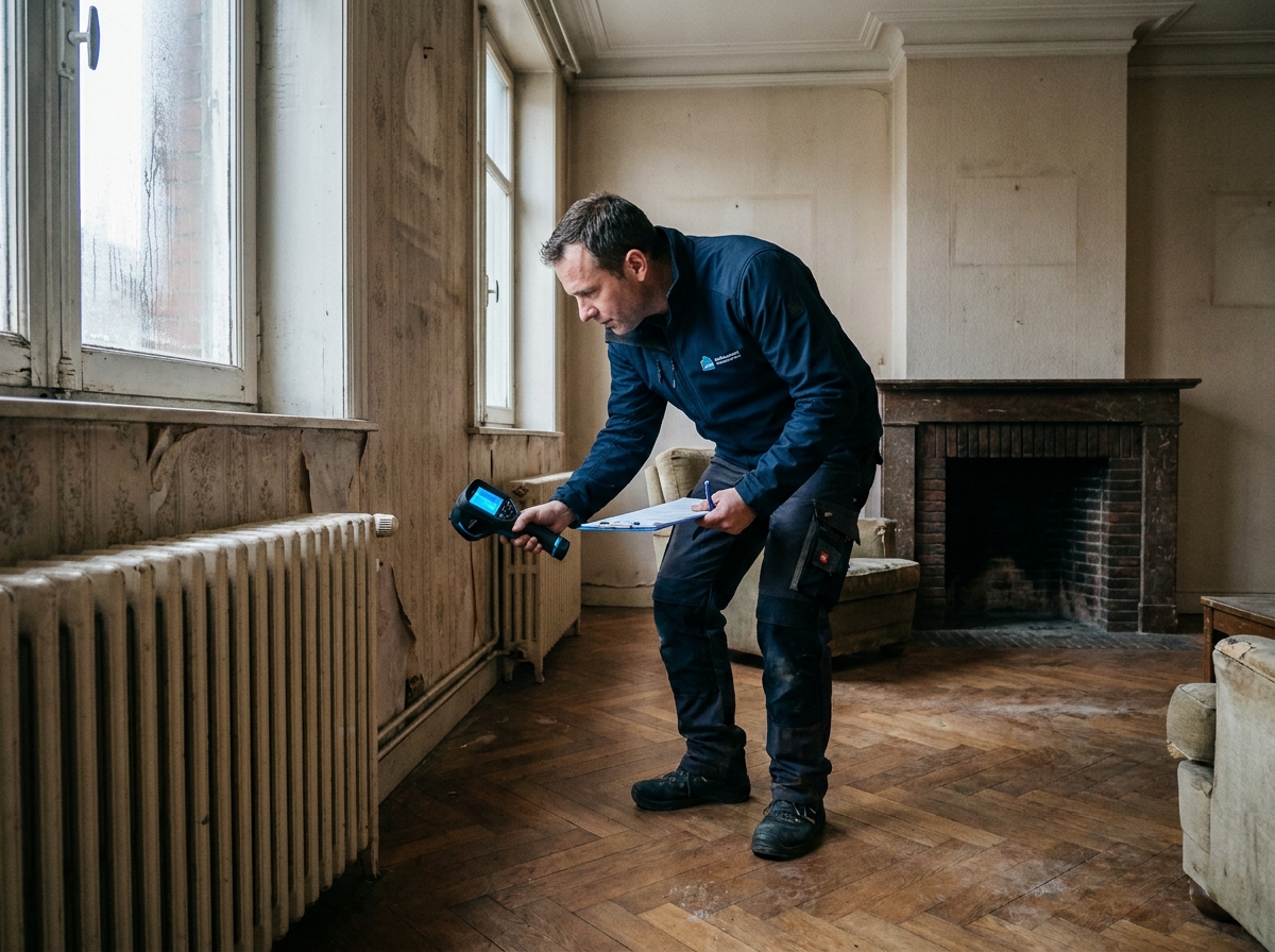 Auditeur énergétique effectuant un diagnostic de performance énergétique dans un appartement ancienne génération