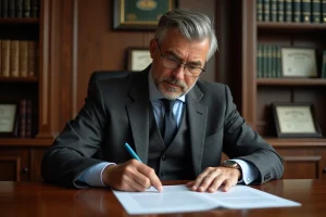 Avocat en costume charcoal analysant un contrat civil imprimé dans un bureau juridique professionnel, illustrant l'article 1113 du code civil sur la formation du contrat