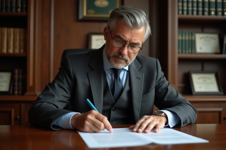 Avocat en costume charcoal analysant un contrat civil imprimé dans un bureau juridique professionnel, illustrant l'article 1113 du code civil sur la formation du contrat