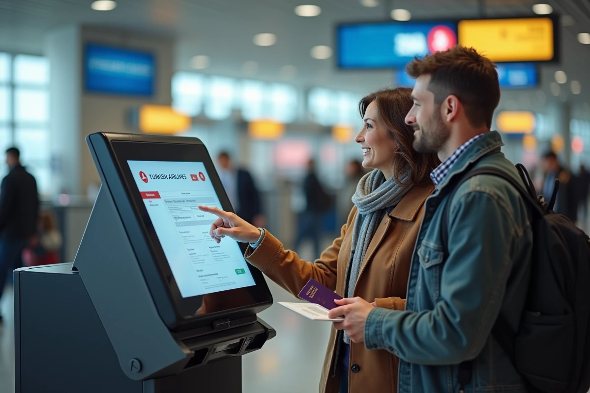 Couple modifiant les informations passagers sur une borne d'enregistrement Turkish Airlines à l'aéroport