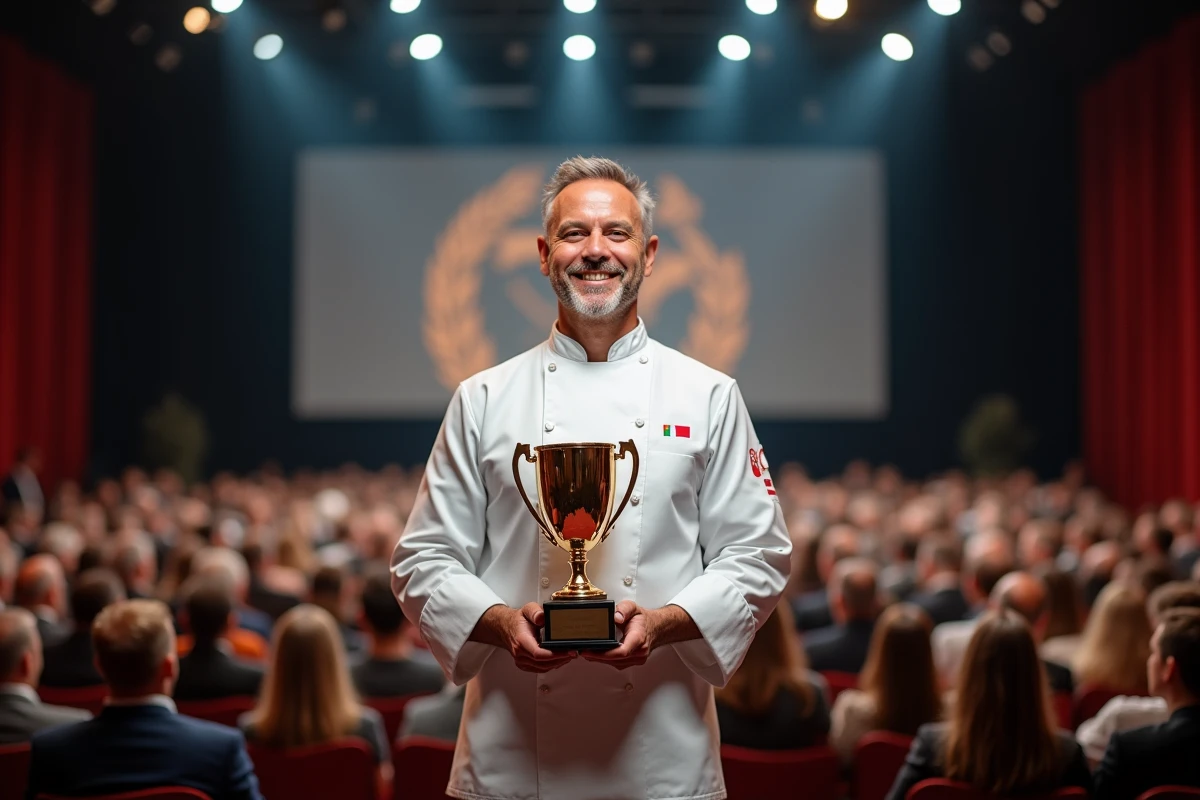 Chef cuisinier primé tenant son trophée sur scène lors de la cérémonie de remise du prix du meilleur cuisinier du monde