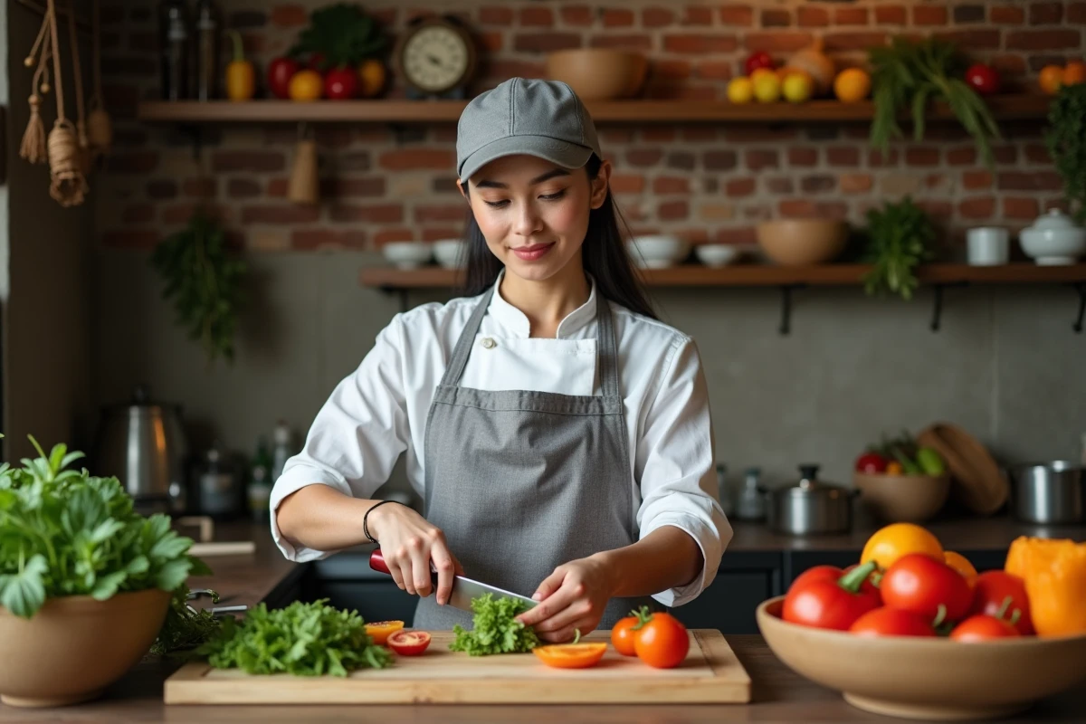 Cheffe cuisinière préparant des légumes frais avec un couteau japonais dans une cuisine artisanale haut de gamme