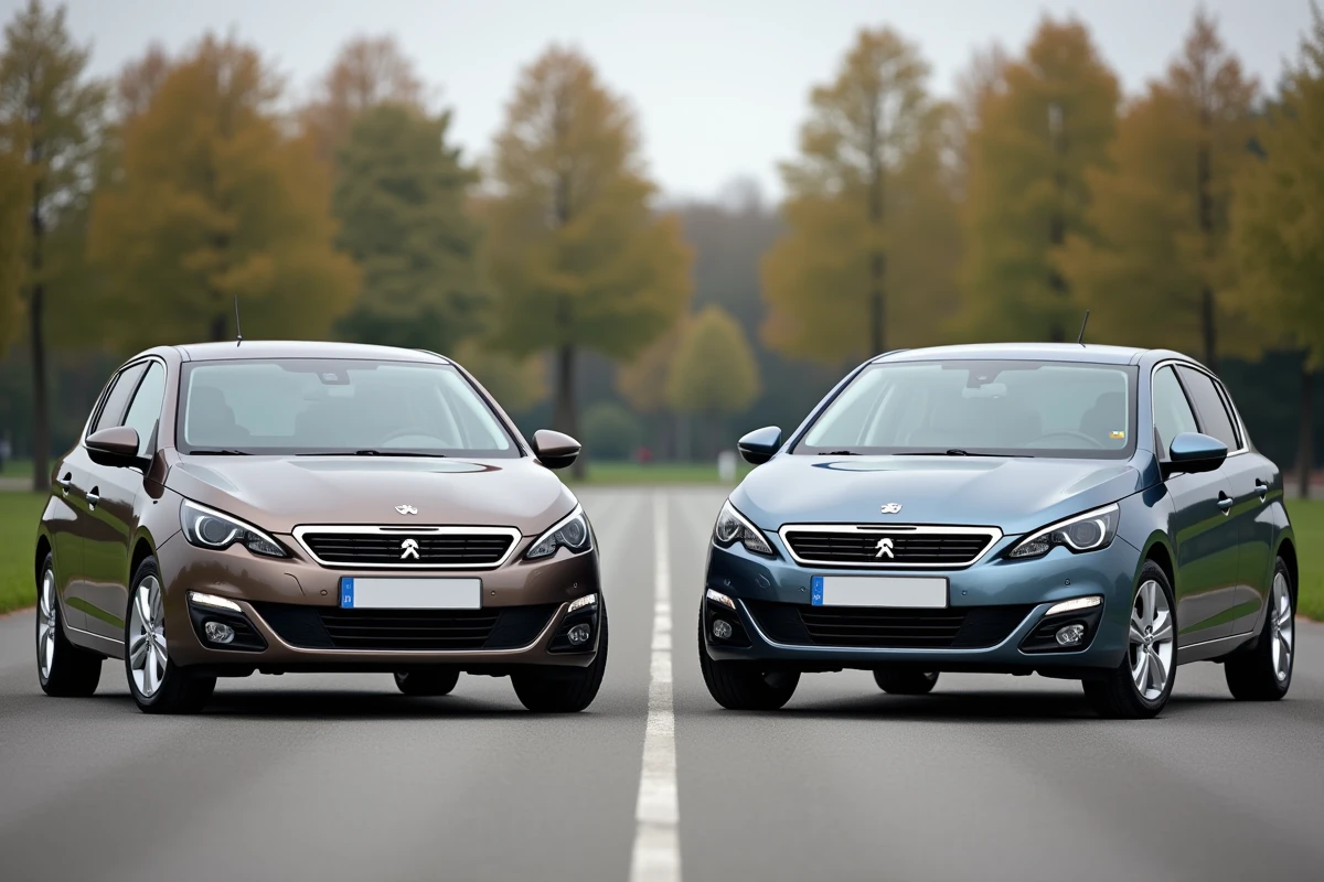 Comparaison côte à côte des couleurs gris artense et gris sélenium sur deux Peugeot 308 garées ensemble pour aider au choix de teinte