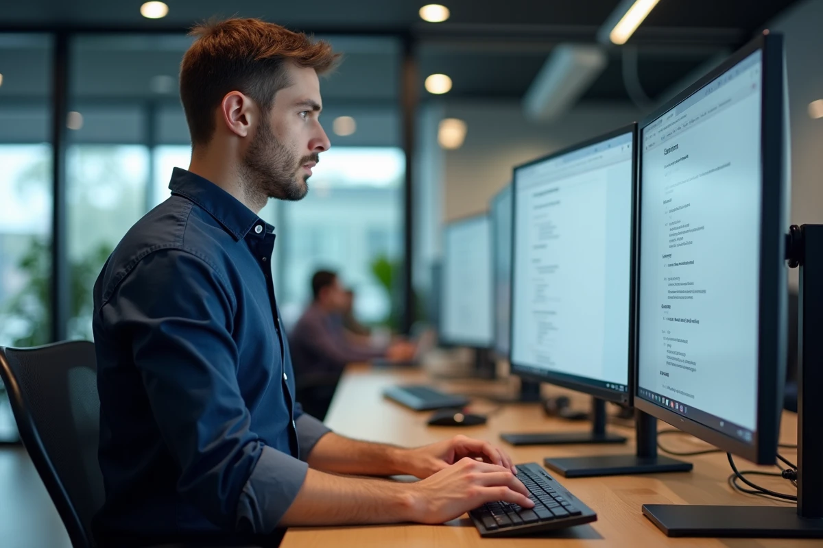 Homme professionnel configurant un compte Gtrouve sur un grand écran dans un espace de coworking