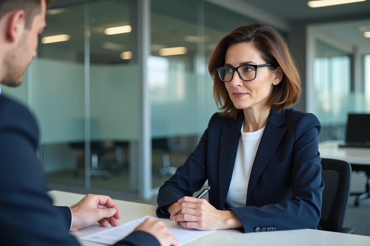 Femme consultant un conseiller bancaire pour un dossier de crédit immobilier en agence
