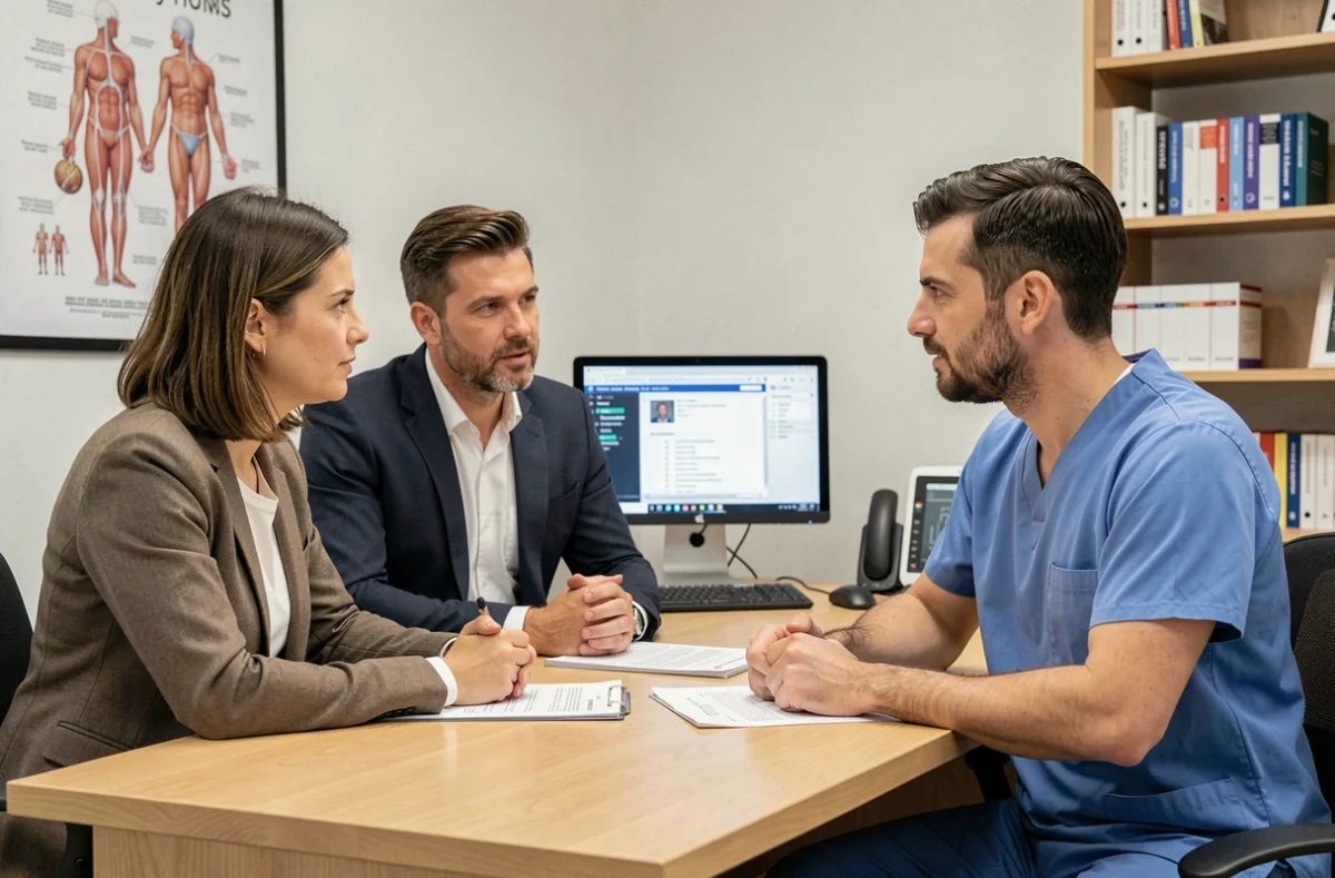 Couple en consultation préopératoire avec un chirurgien dans le bureau d'une clinique privée lyonnaise