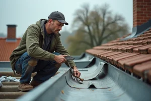 Artisan couvreur coupant une gouttière en zinc avec une scie à métaux sur un toit de maison individuelle