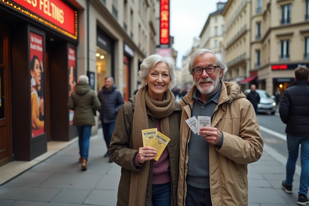 Couple d age moyen approchant d une salle de cinéma en extérieur