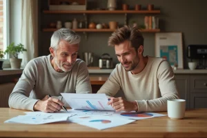 Couple étudiant des documents de crédit immobilier à la table de cuisine dans un appartement moderne