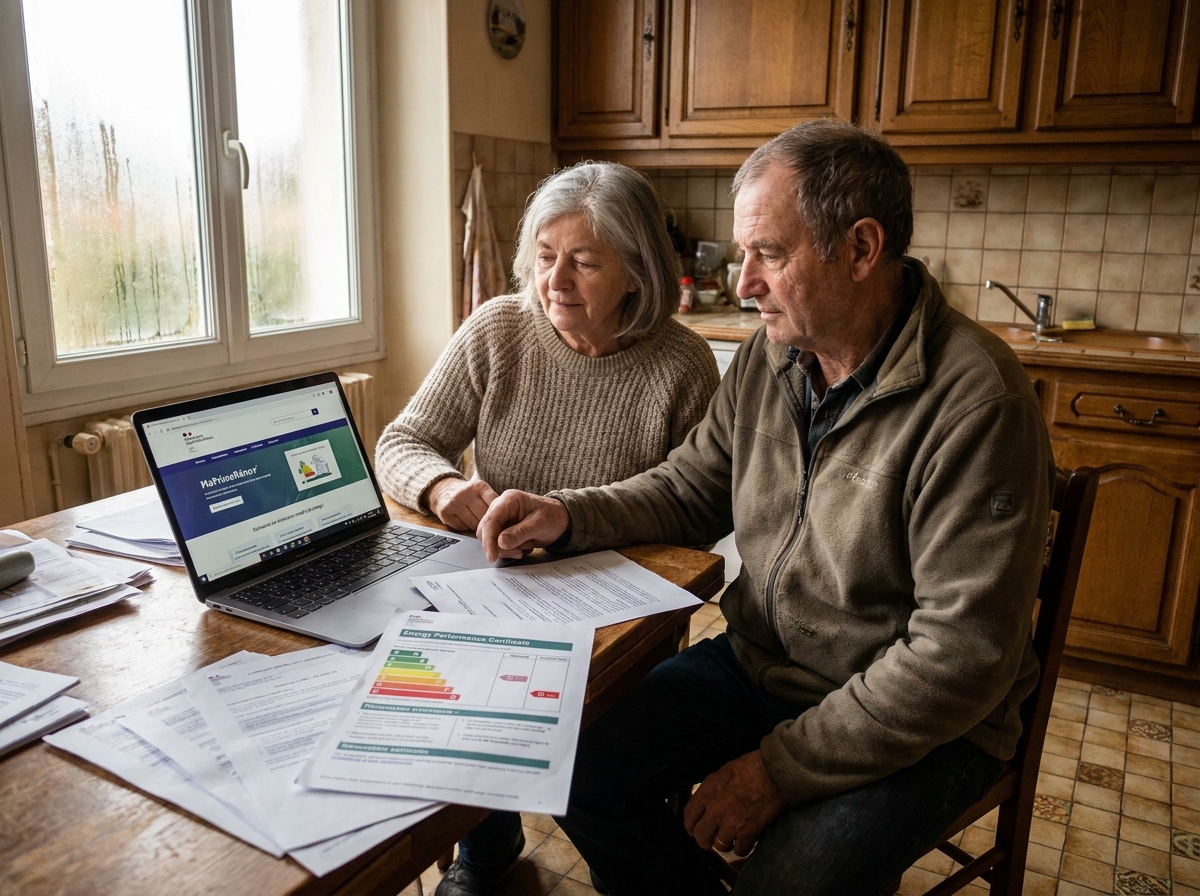 Couple de seniors consultant les aides à la rénovation énergétique face à un DPE classé G sur leur table