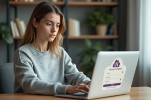Jeune femme créant un compte en ligne sur un ordinateur portable dans un bureau à domicile moderne