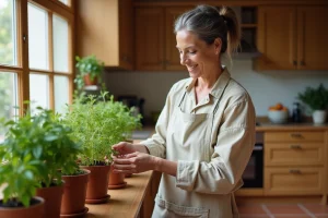 Femme arrangeant des herbes aromatiques en pot sur une étagère en bois dans une cuisine chaleureuse et décorée avec soin