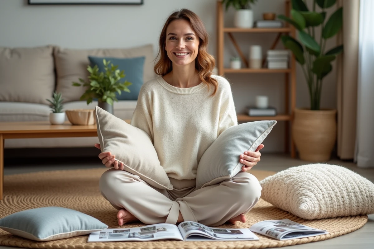 Femme choisissant des coussins et des tissus pour redécorer son salon avec des inspirations tendance