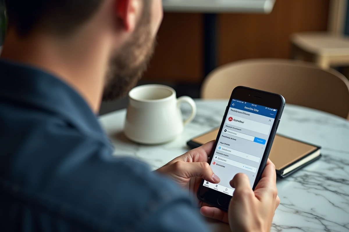 Homme consultant et modifiant un formulaire d'enregistrement Turkish Airlines sur smartphone dans un café