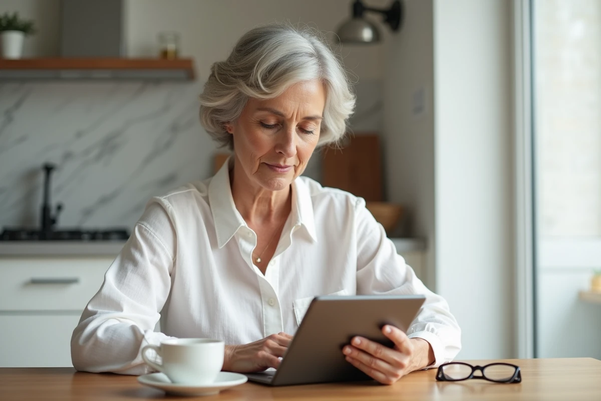 Mature woman accessing her old bank statements on a tablet in her kitchen