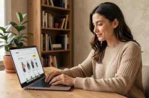 Femme faisant ses achats en ligne sur un ordinateur portable dans un bureau à domicile confortable