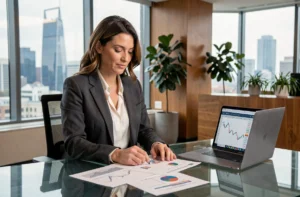 Femme d'affaires analysant des stratégies d'investissement rentables sur des documents financiers dans un bureau moderne