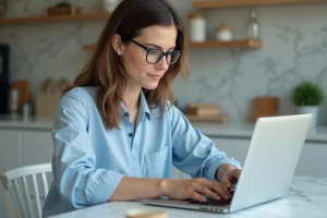 Femme travaillant sur son ordinateur dans une cuisine moderne