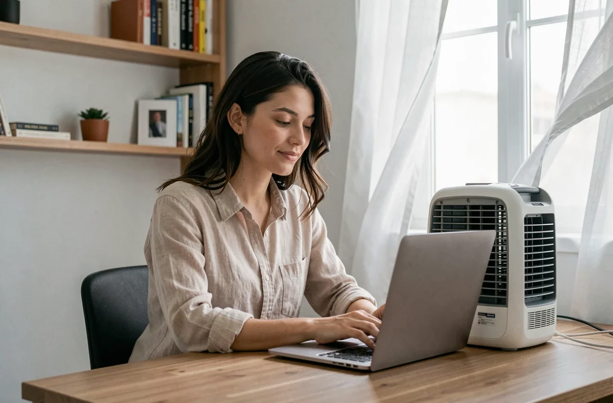 Jeune femme travaillant à son bureau à domicile avec un rafraîchisseur d'air portable à ses côtés