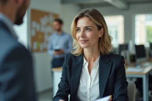 Femme en tenue professionnelle dans un bureau moderne
