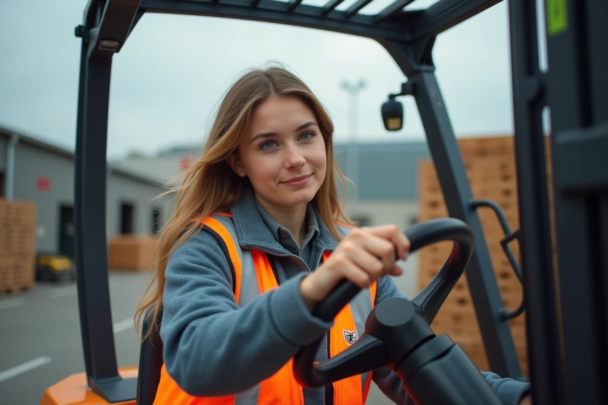 Jeune femme conduisant un chariot élévateur en extérieur dans une zone de distribution