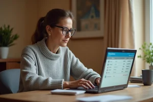 Femme consultant un ancien relevé de compte Crédit Agricole sur un ordinateur portable dans un bureau à domicile