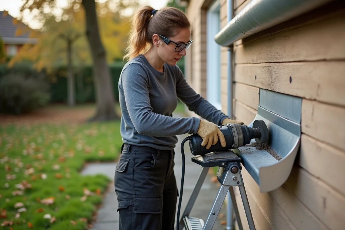 Femme bricolant une gouttière en zinc avec une meuleuse d'angle sur une échelle devant une maison