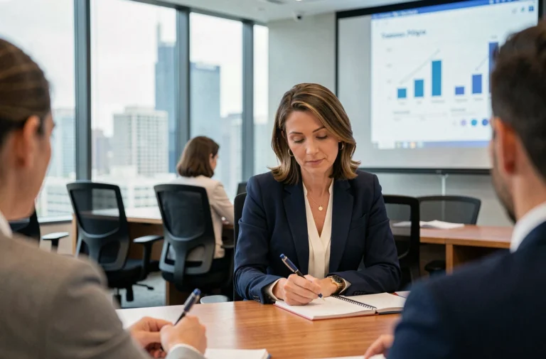 Femme professionnelle en formation business dans une salle de conférence moderne, prenant des notes avec attention