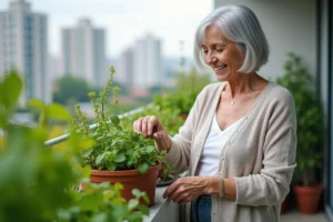 Femme souriante dans son balcon jardin avec herbes