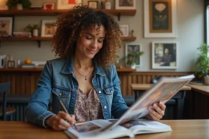 Femme lisant un magazine d'art dans un café chaleureux