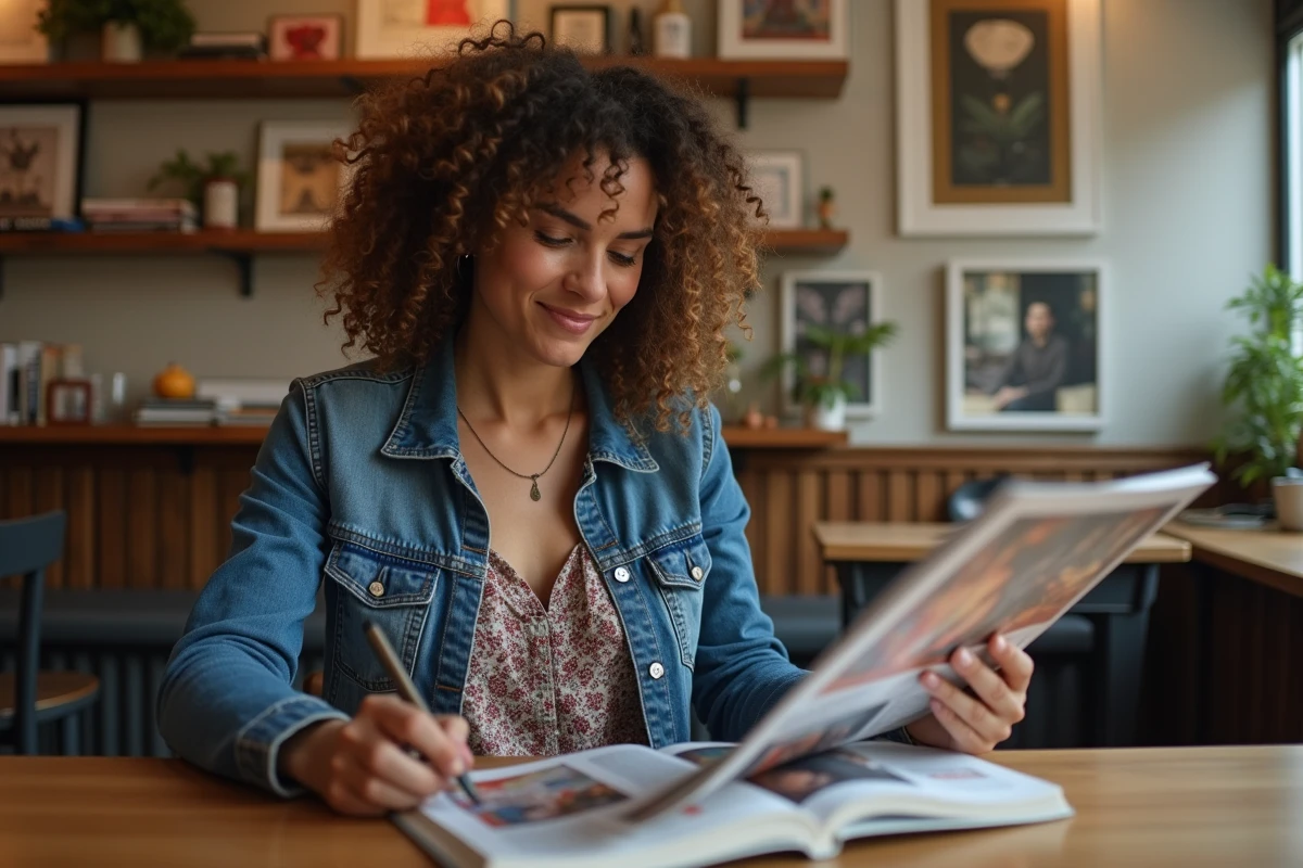 Femme lisant un magazine d'art dans un café chaleureux