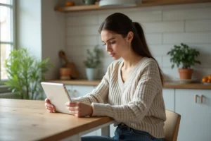 Jeune femme lisant des actualites sur une tablette dans une cuisine lumineuse