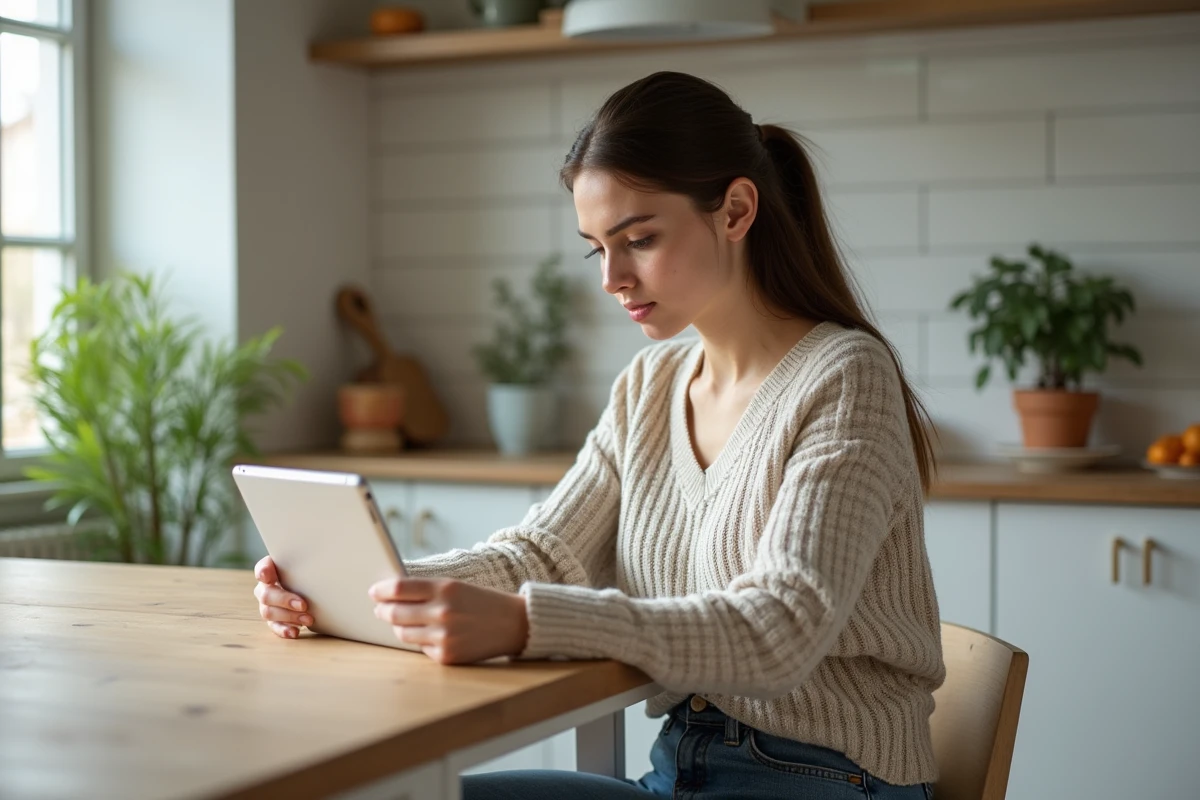 Jeune femme lisant des actualites sur une tablette dans une cuisine lumineuse