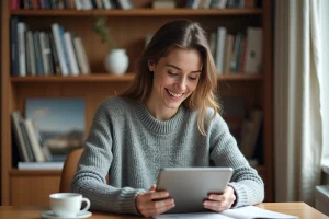 Femme parcourant un magazine numérique sur une tablette dans un bureau à domicile confortable
