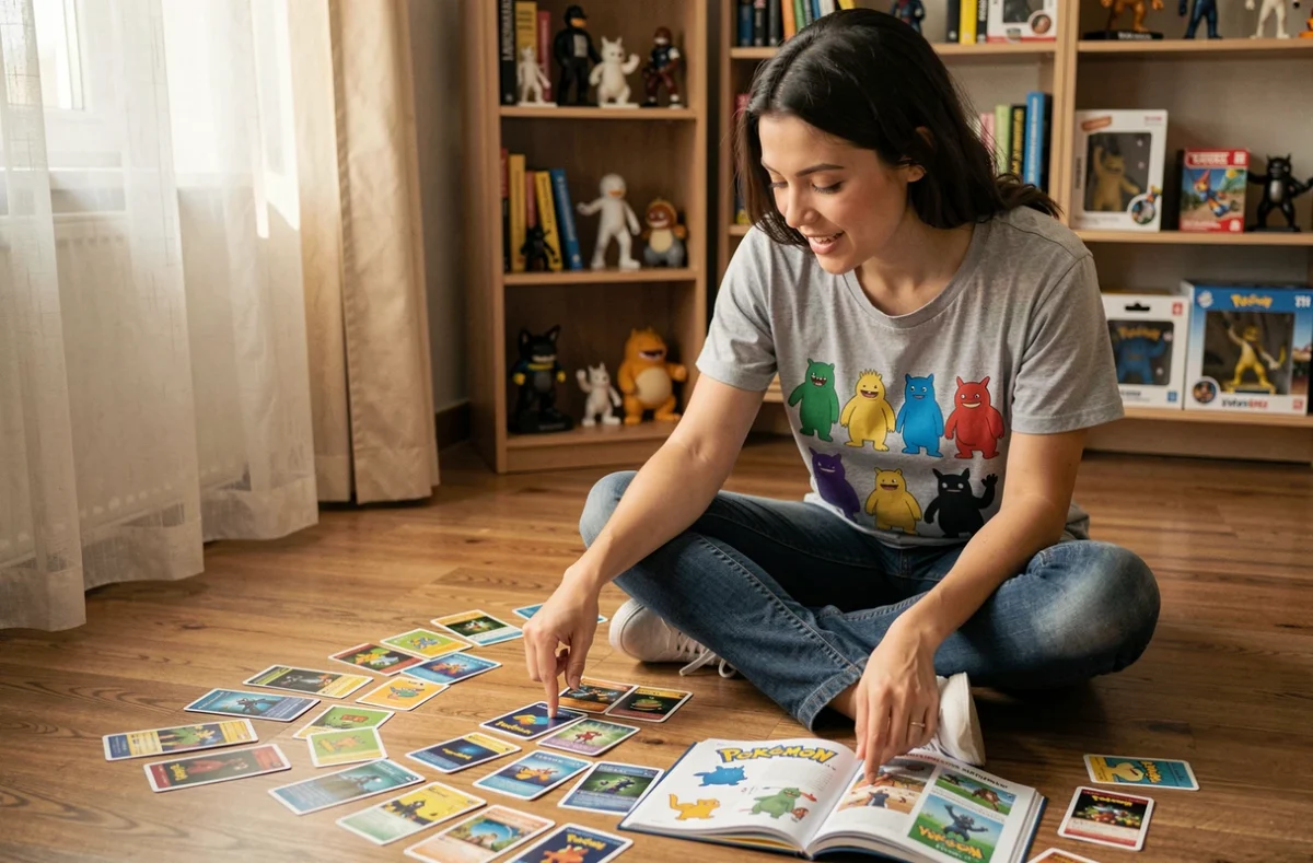 Jeune femme passionnée de Pokémon étudiant des cartes à collectionner avec un guide illustré ouvert