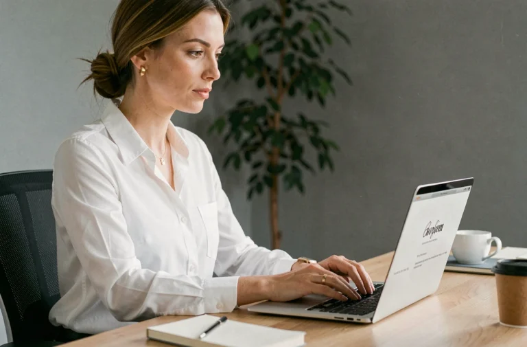 Femme professionnelle créant une signature d'e-mail sur son ordinateur portable dans un bureau moderne et minimaliste
