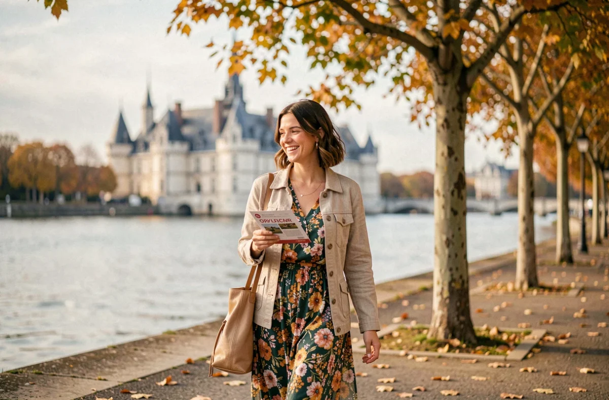 Femme souriante se promenant au bord de la Loire à Nantes en automne avec un flyer d'événement local