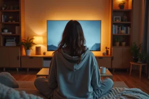 Jeune femme regardant une série en streaming gratuitement sur sa télévision dans un salon cosy et moderne