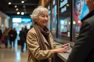 Femme senior présentant une carte de fidélité au cinéma