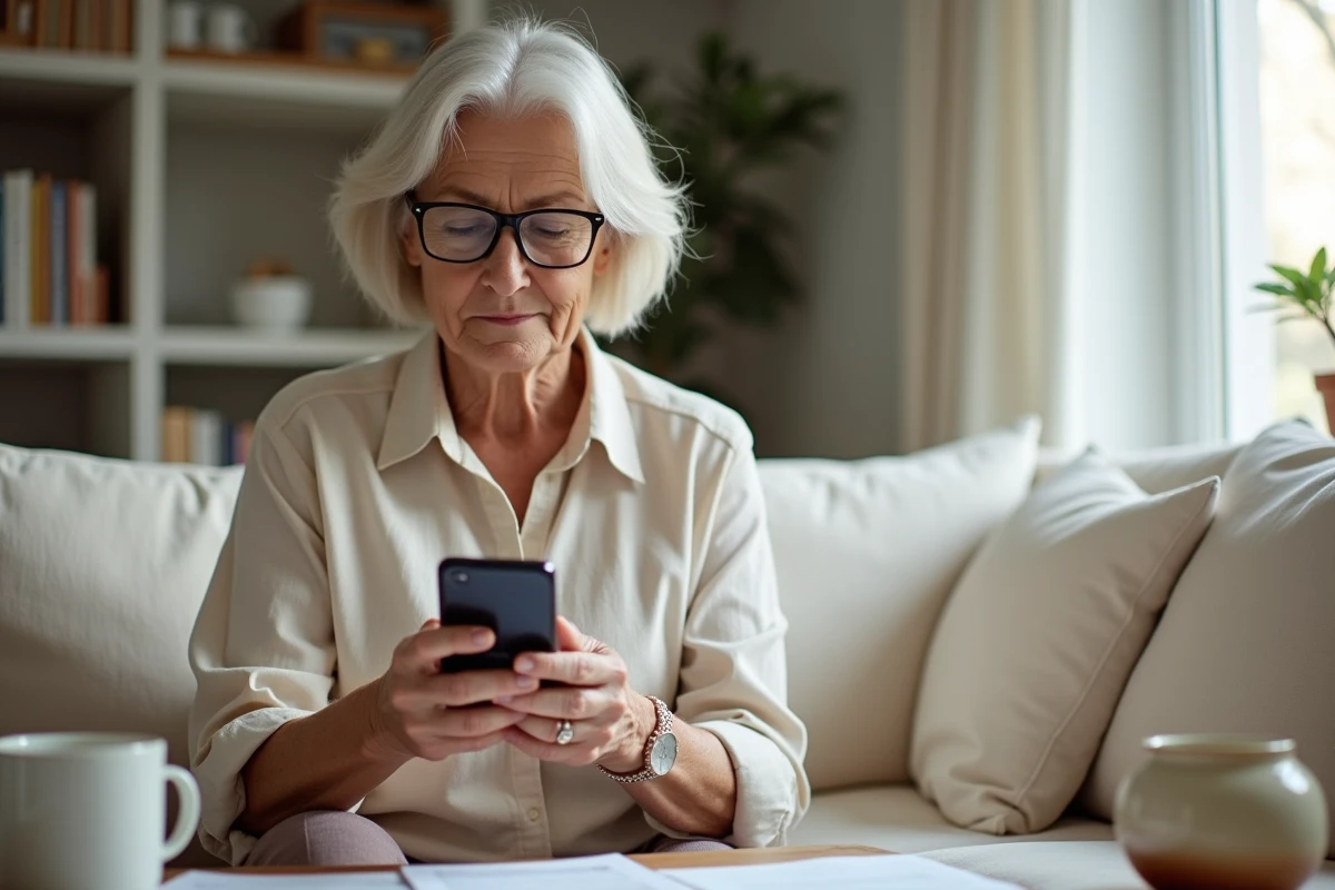 Femme senior gérant un dossier sinistre depuis son smartphone sur un canapé chez elle