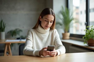 Femme testant un smartphone pliable dernier cri dans un bureau moderne au design scandinave