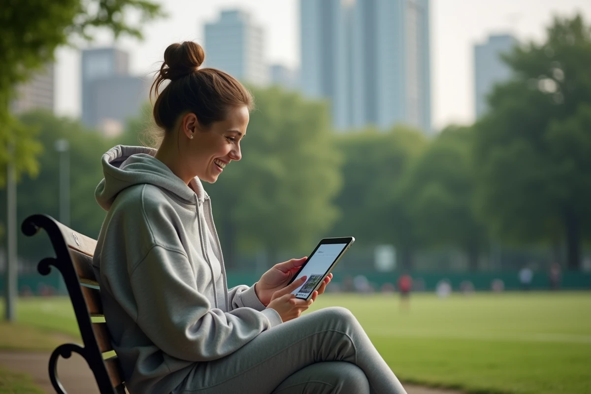Femme suivant un match de tennis sur une tablette en plein air